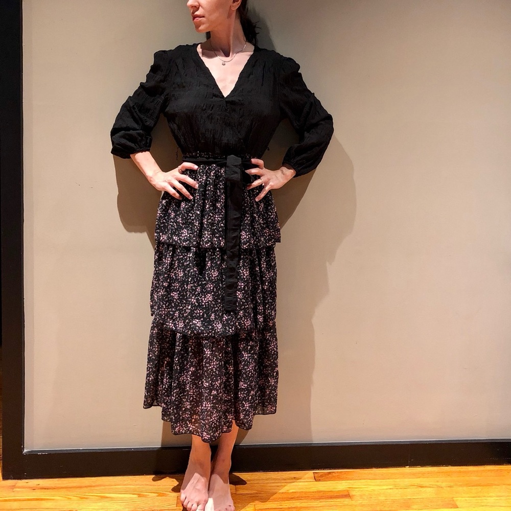 Dress S maxi black flounce long 2 4 sleeve belt